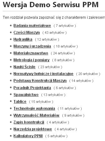 Rozdziały wersji demonstracyjnej Serwisu PPM